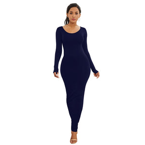 Sexy Women Solid Color Long Sleeve Round Neck Bodycon Maxi Dress evening party dress sexy comfortable