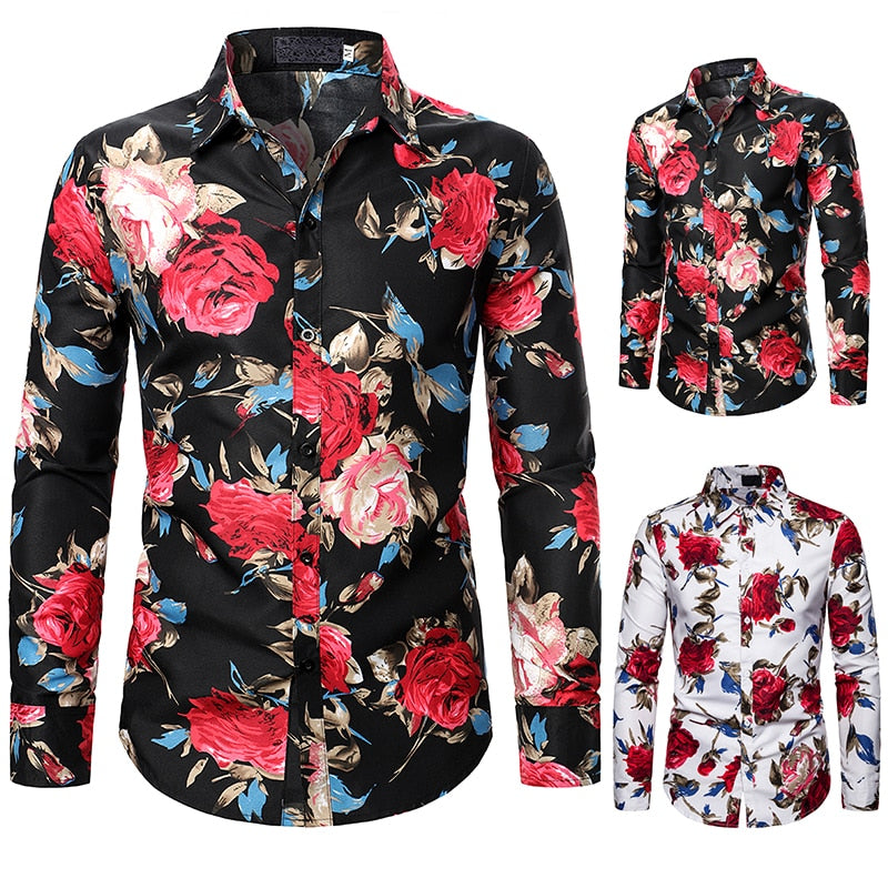 Men Long Sleeve Shirt Floral print Autumn Streetwear Casual Fashion Men Shirt