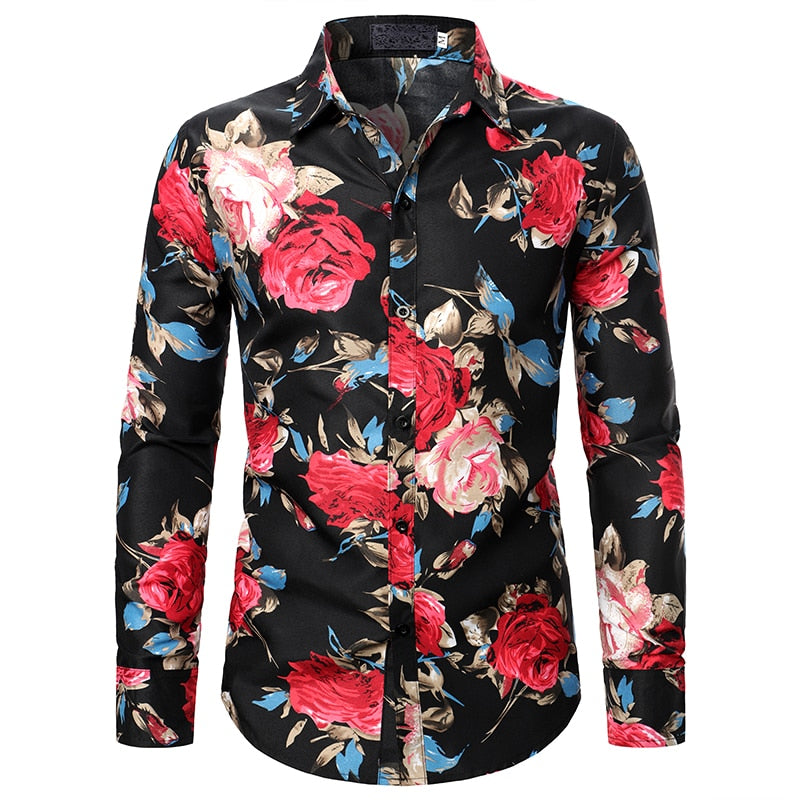 Men Long Sleeve Shirt Floral print Autumn Streetwear Casual Fashion Men Shirt