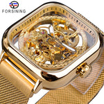 Load image into Gallery viewer, Forsining Men Mechanical Watches Automatic Self-Wind Golden Transparent Fashion Mesh Steel Wristwatch Skeleton
