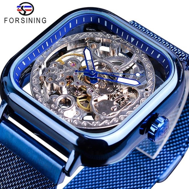 Forsining Men Mechanical Watches Automatic Self-Wind Golden Transparent Fashion Mesh Steel Wristwatch Skeleton
