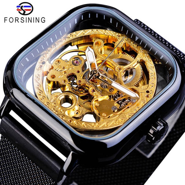 Forsining Men Mechanical Watches Automatic Self-Wind Golden Transparent Fashion Mesh Steel Wristwatch Skeleton