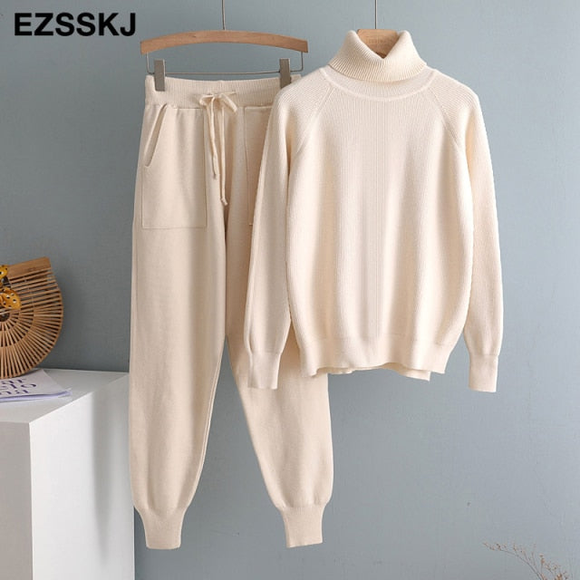 2 Pieces Set Women Knitted Tracksuit Turtleneck Sweater + Carrot Jogging Pants Pullover Sweater Set CHIC Knitted Outwear