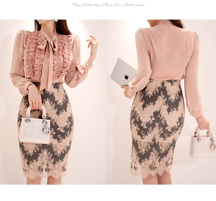 2 Pieces Suits Women Ruched Draped Ribbons Shirt Top & Print Lace Sheath Bodycon Pencil Skirt Office Set