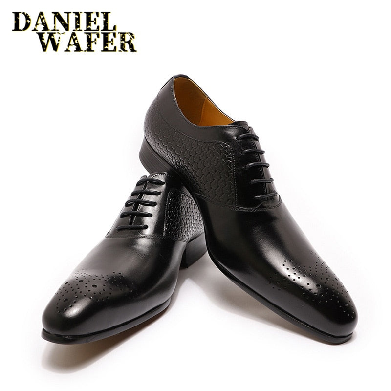 LUXURY MEN OXFORD SHOES GENUINE LEATHER PRINTS LACE UP POINTED TOE OFFICE WEDDING DRESS FORMAL OXFORD SHOES