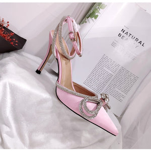 Runway style Glitter Rhinestones Women Pumps Crystal bowknot Satin Summer Lady Shoes Genuine leather High heels Party Prom Shoes