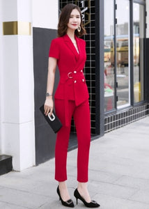 Fashion Women Pants Suit With Belt Short Sleeve Blazer and Trousers Office Ladies Business Work Wear