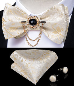 Bow Ties Self Tie Men's Fashion Gold Paisley Wedding Party Bowtie 100%Silk Men Butterfly Hanky Brooch Pin Cufflinks Set DiBanGu