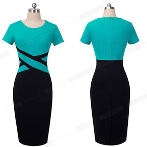 Vintage Elegant Contrast Color Patchwork Wear to Work vestidos Business Party Office Women Bodycon Dress
