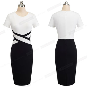 Vintage Elegant Contrast Color Patchwork Wear to Work vestidos Business Party Office Women Bodycon Dress