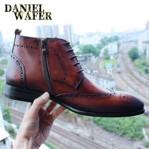 FASHION MEN'S BOOTS LEATHER CASUAL SHOES LACE UP POINTED TOE WINGTIP BROGUE MEN DRESS SHOES WEDDING OFFICE BOOTS
