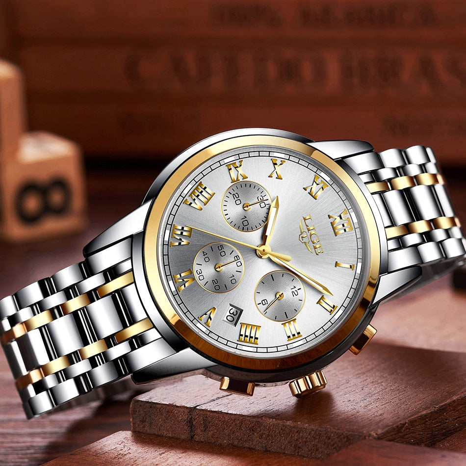 LIGE Mens Watches Top Brand Luxury Fashion Quartz Gold Watch Men's Business Stainless Steel Waterproof Clock Relogio Masculino