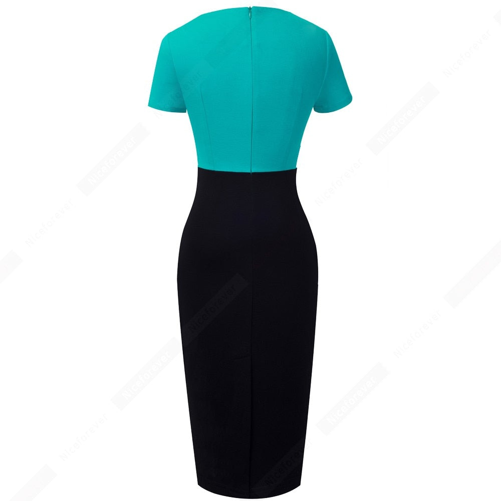 Women New Fashion Office Lady Classic Patchwork O-neck Elegant Slim Business Casual Pencil Dress