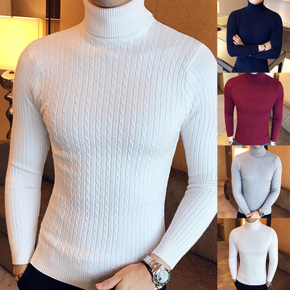 Casual Men Winter Solid Color Turtle Neck Long Sleeve Twist Knitted Slim Sweater