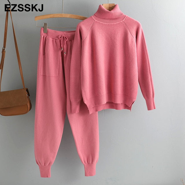 2 Pieces Set Women Knitted Tracksuit Turtleneck Sweater + Carrot Jogging Pants Pullover Sweater Set CHIC Knitted Outwear