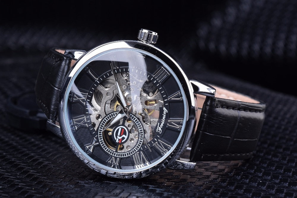 Men Watches Top Brand Luxury Mechanical Skeleton Watch Black Golden 3D Literal Design Roman Number Black Dial Clock
