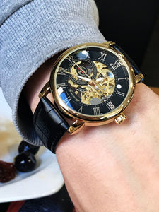 Men Watches Top Brand Luxury Mechanical Skeleton Watch Black Golden 3D Literal Design Roman Number Black Dial Clock