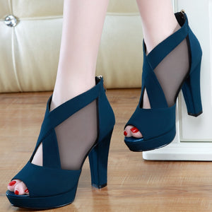 Women High Heel Shoes Mesh Breathable Pomps Zip Pointed Toe Thick Heels Fashion Female Dress Shoes Elegant Footwear