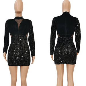 Velvet Mesh Sheer Sparkly Elegant Christmas Dresses for Women Long Sleeve Nightout Evening Bodycon Mini Dress Club