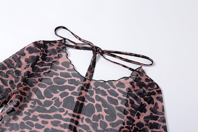 Leopard Print Backless Dress Women Long Sleeve Mesh Dress 2021 Spring Halter Transparent Sexy Club Dress