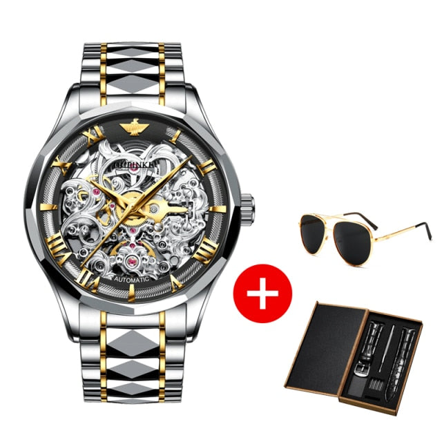 OUPINKE Men Mechanical Wristwatch Skeleton Automatic Watch Top Brand Sapphire Waterproof Watch