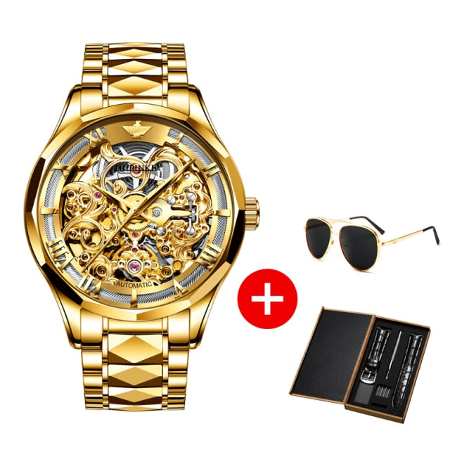 OUPINKE Men Mechanical Wristwatch Skeleton Automatic Watch Top Brand Sapphire Waterproof Watch