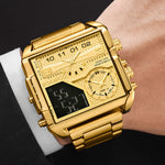 Cargar imagen en el visor de la galería, Men Watches Gold Stainless Steel Sport Square Digital Analog Big Quartz Watch
