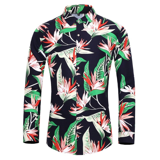 HGM men long-sleeved shirt fashion rose plant flower printed shirt