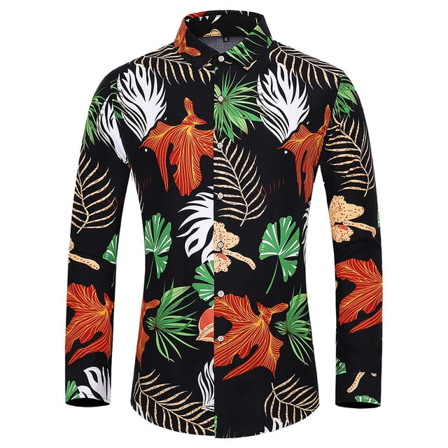 HGM men long-sleeved shirt fashion rose plant flower printed shirt