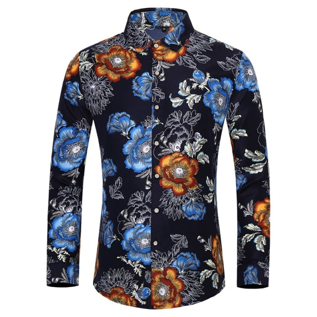HGM men long-sleeved shirt fashion rose plant flower printed shirt