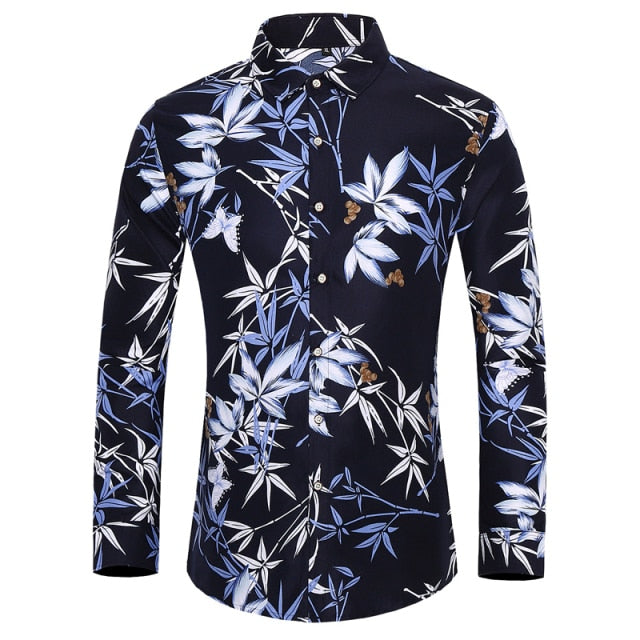 HGM men long-sleeved shirt fashion rose plant flower printed shirt