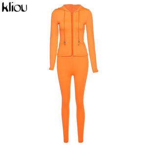 Two piece set women long sleeve hooded zipper pocket sporty Jackets+leggings matching sets workout stretchy outfits