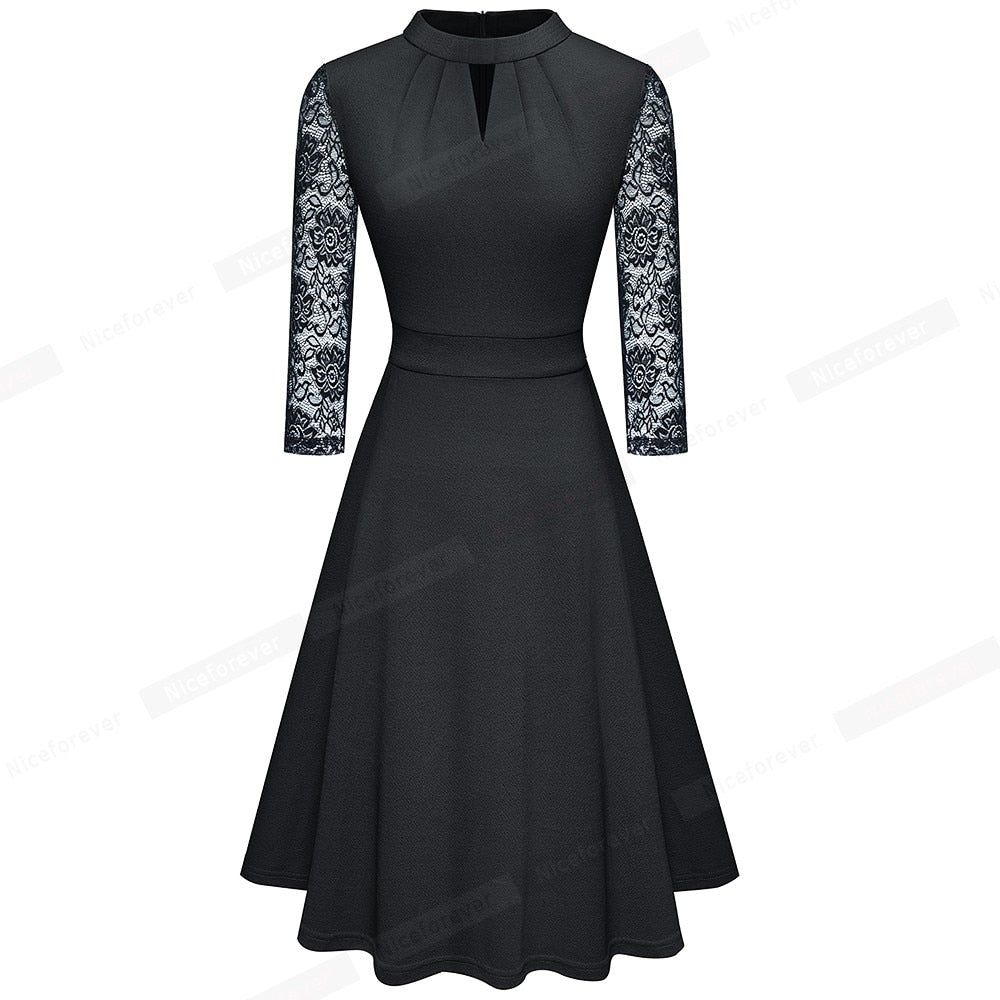 HGM Solid Color with Hollow Out Lace Patchwork Retro Dresses Business Party Flare Swing Women Dress