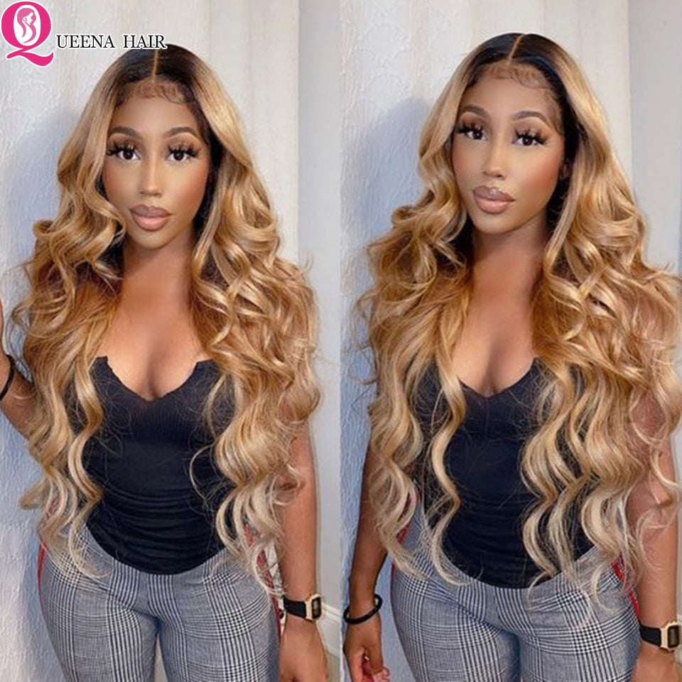 HGM Blonde Lace Front Wig Brown Two Tone Human Hair Wigs Ombre Body Wave Lace Front Human Hair Wig 180% Raw Indian Bodywave Wig