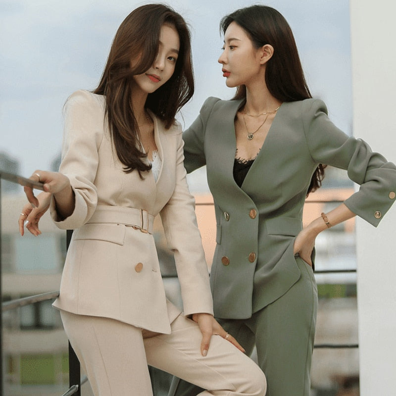 Women's Office Suit V-Neck Green Two-Piece Sets Female Blazer Girly Elegant Temperament Pantsuit Setup Ladies