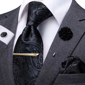 Hi-Tie Business Brown Striped Tie For Men Black Silk Men's Tie Clip Gift For Men Luxury Necktie Hanky Cufflinks Set Formal Dress