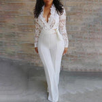 Load image into Gallery viewer, White Jumpsuit Women Lace Stitching Long Sleeve V-neck Plus Size Wide Leg Long Pants Office Lady  Jumpsuits
