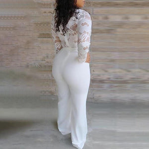White Jumpsuit Women Lace Stitching Long Sleeve V-neck Plus Size Wide Leg Long Pants Office Lady  Jumpsuits
