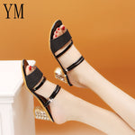 Load image into Gallery viewer, Gold Women Pumps Sandals Open Toe High Heels Low Block Heel Shoes Gladiator Ankle Strap High Gladiator Women Sandals
