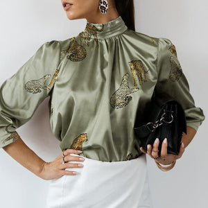 Women Satin Blouse Long Sleeve Shirt Stand Collar Casual Vintage Tiger Print Elegant Party Blouses