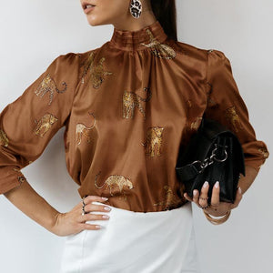 Women Satin Blouse Long Sleeve Shirt Stand Collar Casual Vintage Tiger Print Elegant Party Blouses