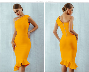 New Women Bandage Dress Sexy One Shoulder Sleeveless Ruffles Nightclub Celebrity Evening Party Mermaid Dresses