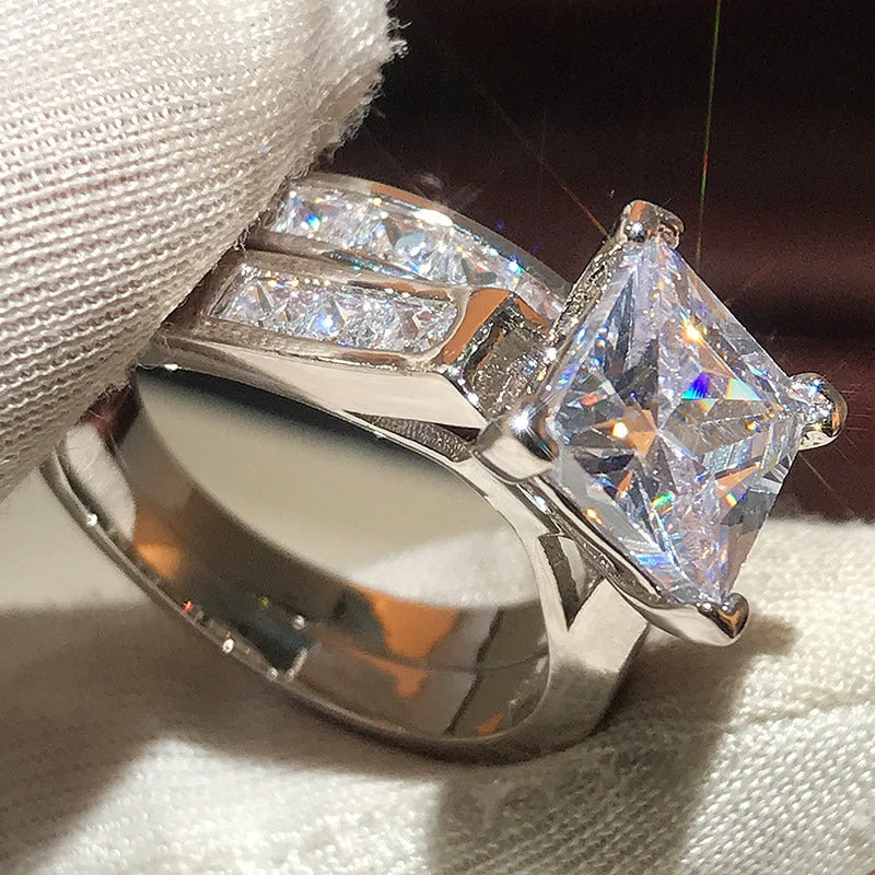 Luxury Princess 925 Sterling Silver Wedding Ring Set For Women Lady Anniversary Gift Jewelry Bulk