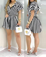 Load image into Gallery viewer, HGM Striped Colorblock Ruffles Shirt Dress Women Short Sleeve V Neck Mini Work Dress
