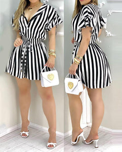 HGM Striped Colorblock Ruffles Shirt Dress Women Short Sleeve V Neck Mini Work Dress