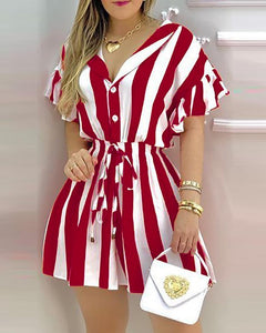 HGM Striped Colorblock Ruffles Shirt Dress Women Short Sleeve V Neck Mini Work Dress