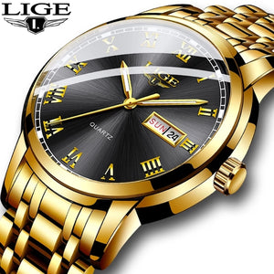 LIGE Gold Men Watch Waterproof Stainless Steel with date week Quartz Watches Men's Luxury Business Dress Clock