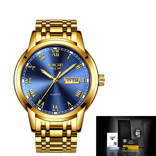 LIGE Gold Men Watch Waterproof Stainless Steel with date week Quartz Watches Men's Luxury Business Dress Clock