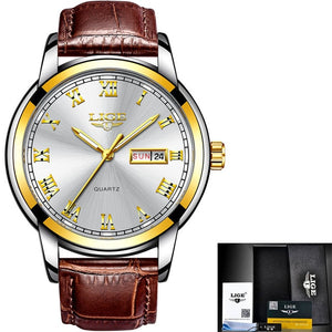 LIGE Gold Men Watch Waterproof Stainless Steel with date week Quartz Watches Men's Luxury Business Dress Clock
