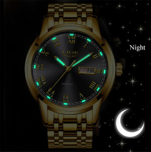 LIGE Gold Men Watch Waterproof Stainless Steel with date week Quartz Watches Men's Luxury Business Dress Clock